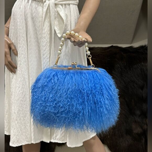 Handmade Real Mongolian Lamb Fur Kisslock Wristlet/Crossbody & 2 Chain Styles - Picture 5 of 15